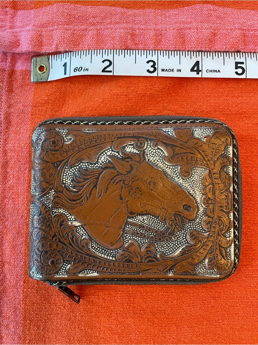 Vintage Brown Tooled Leather Horse Wallet w Coin Pouch Wounded Bird See Photos